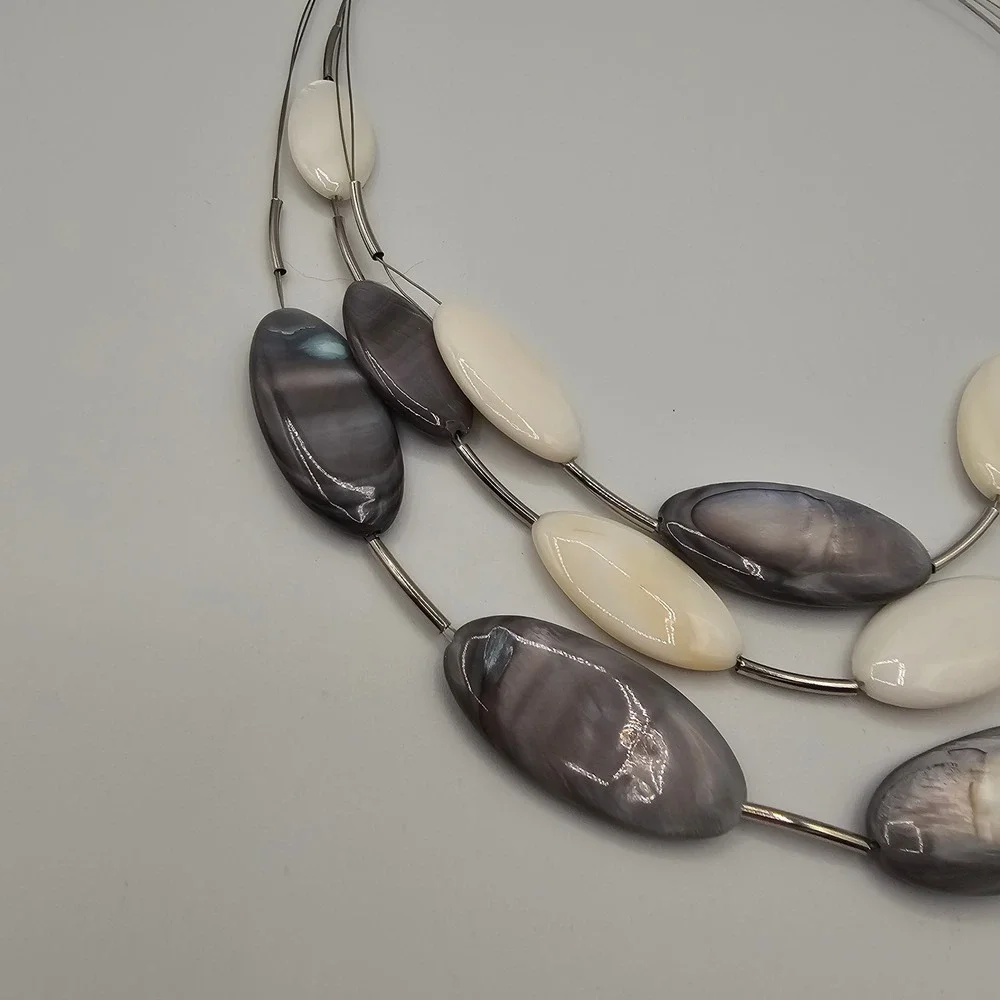 Ali-Khan NY Necklace Multi Strand Grey White MOP Shell Beads Layered 16-19